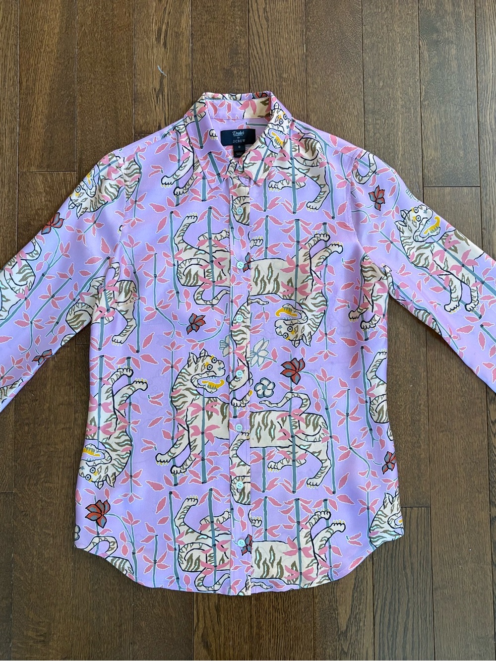Drake's London for J Crew 100% Silk Button Shirt Pink Bengal Tiger Sz 0 EUC
